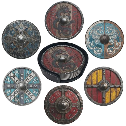 Viking Shield Coasters Leather Round Drink Coasters 6 Pcs Set with Holderor for Cup Drink Coffee Table Bar Home Decor