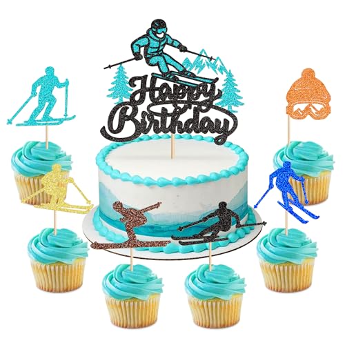 Blumomon Lot de 25 décorations de gâteau d'anniversaire sur le thème des sports d'hiver pour les amateurs de ski