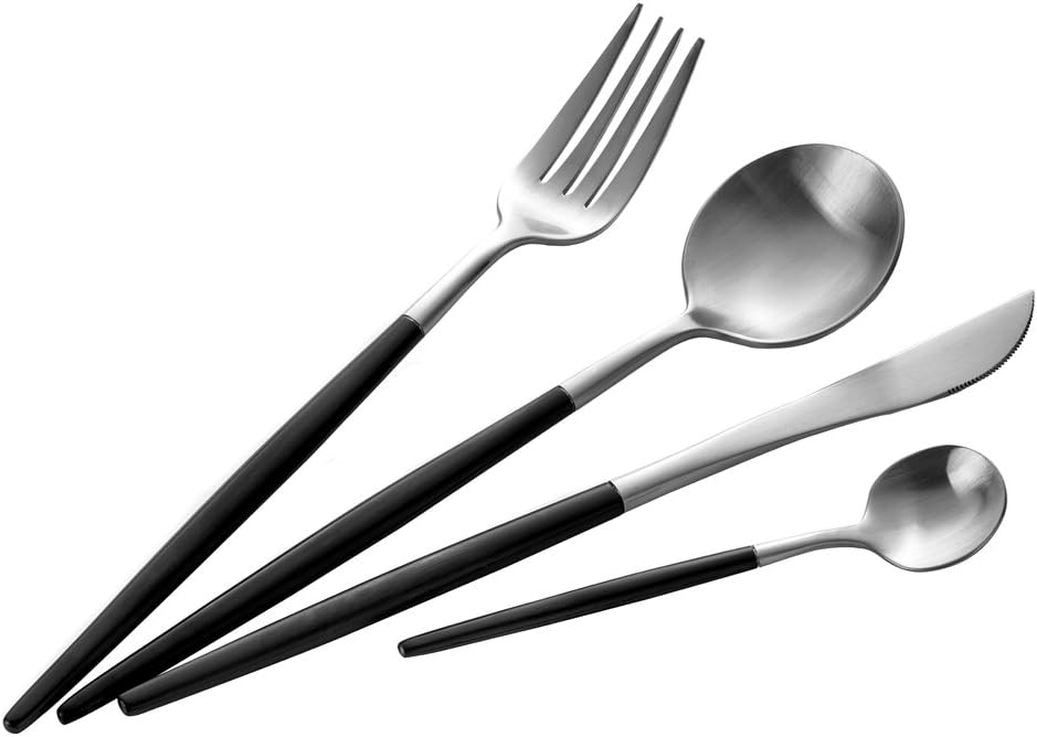 Cutlery, Stainless Steel Matte Flatware, 4 Pieces set, Knife, Fork, Round Spoon, Coffee Spoon, Silver and Black, Sharpened Handle