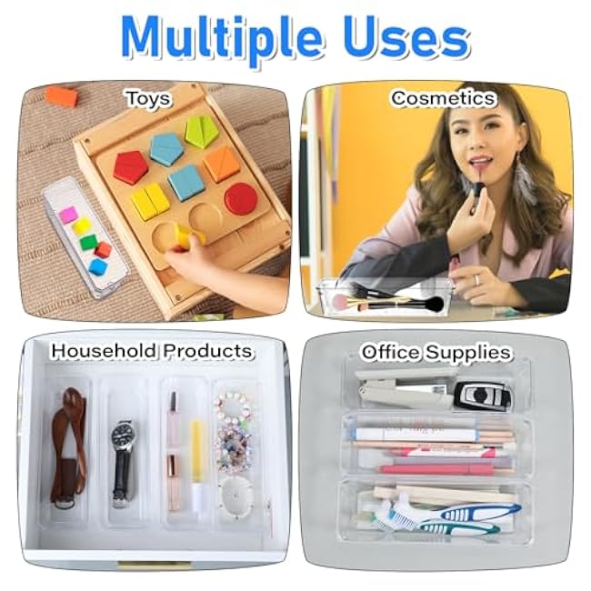 12pcs Clear Drawer Organizers Vanity Drawer Organizer Bathroom Trays 9 X 3 X 2 Inches Clear Plastic Utensil Organizers Silverware Organizer for Kitchen Drawers Desk Jewelry Makeup Cosmetics Bathrooms