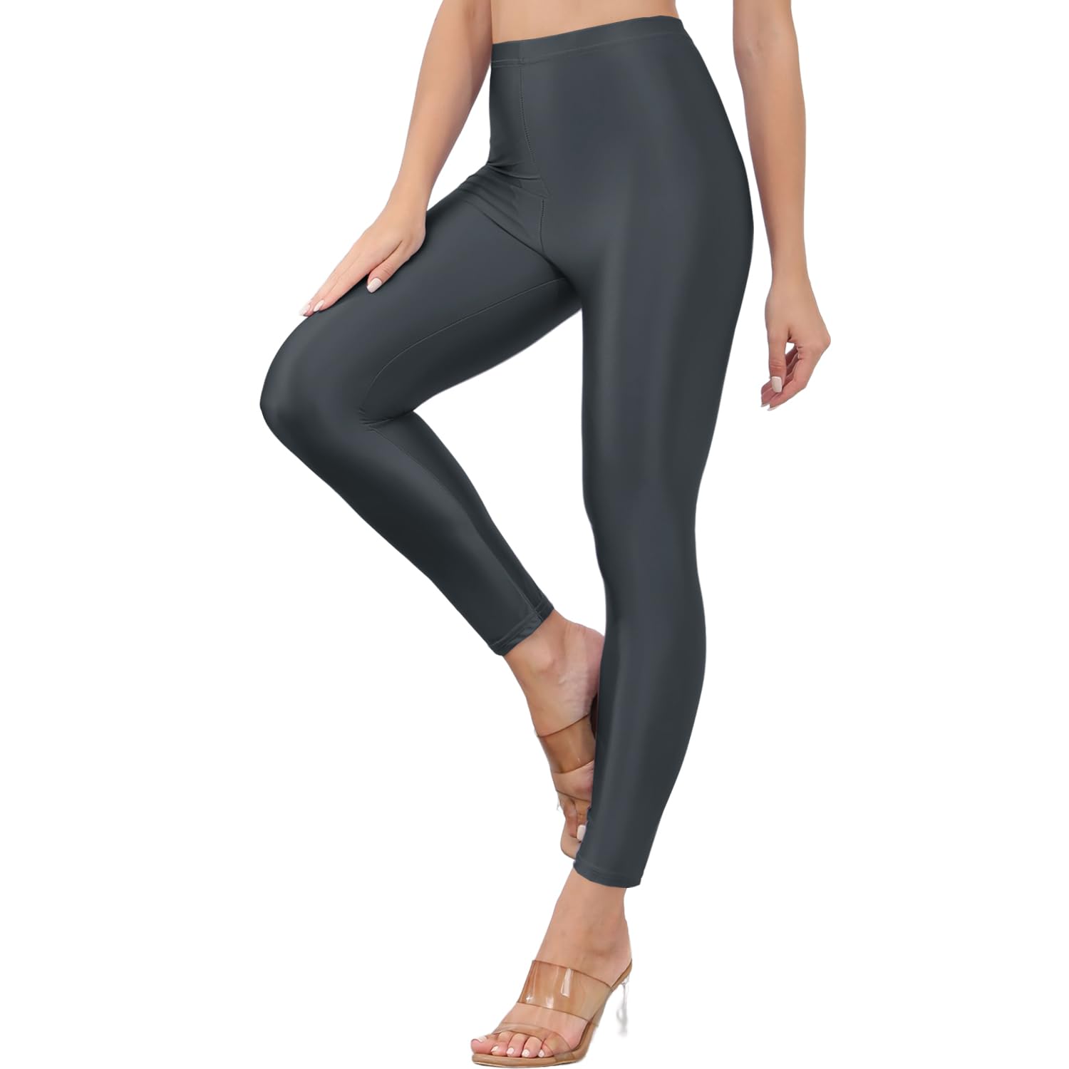 Sghenr Womens Shiny High Waisted Neon Smooth Pants Disco Party Rave Tights Elastic Skinny Comfy Lightweight Leggings