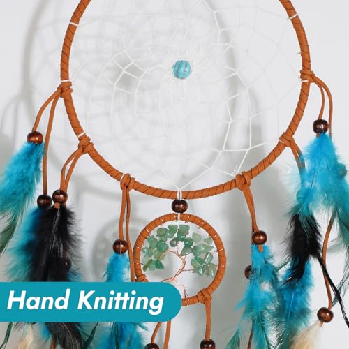 Traumfänger Blau, Dreamcatcher mit Vintage Feder und Perlen, Boho Traumfänger Handgefertigt Dream Catchers für Hochzeit Schlafzimmer Wandbehang Decor Geschenk - 15 x 48 cm