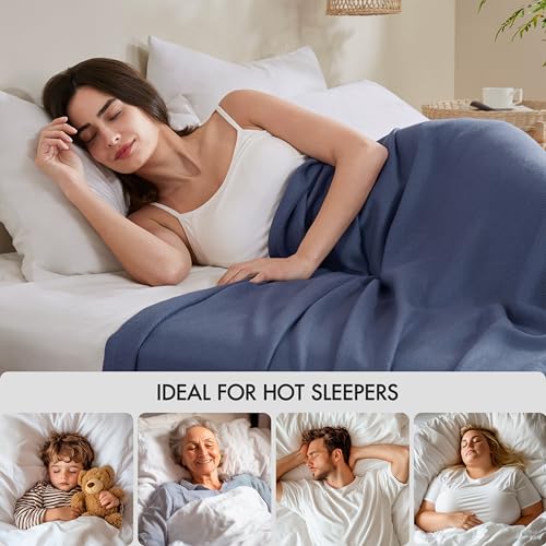 Image of Madison Park Twin Size Summer Blanket, Navy, 70% Rayon from Bamboo | 30% Cotton Blanket for Bed, Couch, Sofa, Soft Cozy Breathable for Hot Sleepers Menopause, Natural Cooling, Moisture Wicking