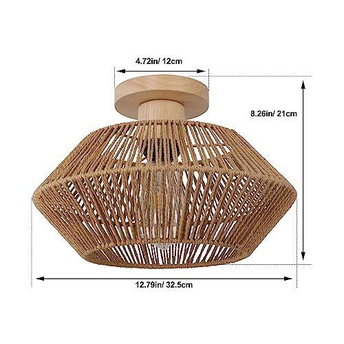 Wbindx Bohemian Woven Rattan Ceiling Light Fixture, Hand-Worked Cage Semi Flush Mount Boho Chandelier, Farmhouse Natural Mini Rattan Chandeliers For Bedroom Nursery Kitchen Hallway Entryway #TOP2
