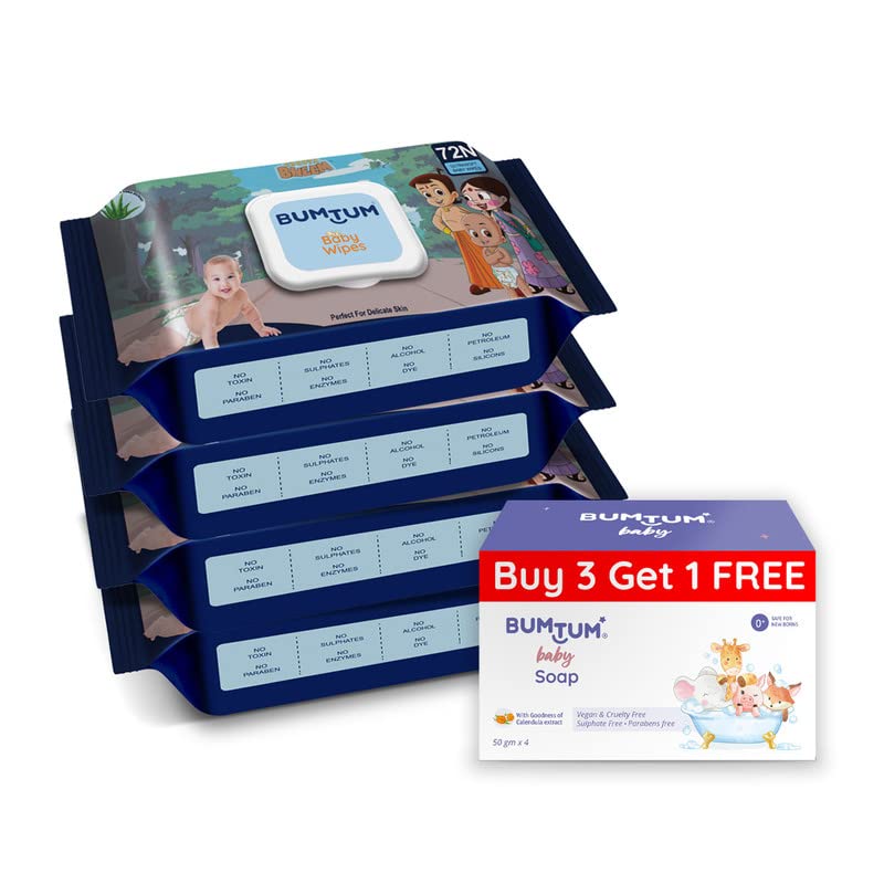 Image of Bumtum Chota Bheem Gentle Soft Moisturizing Wet Wipes With Lid - 288 Pcs.(Pack of 4) & Baby Soap (4N x 50 Gram) Combo