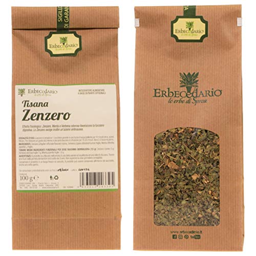 Erbecedario - Zenzero Tisana Digestiva, Infuso per la digestione e l'eliminazione dei gas intestinali Tisana antinausea per mal d’auto e mal di mare 1 Sacchetto 100g
