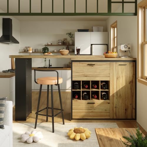 vutizal Mesa de comedor extensible con espacio de almacenamiento, 2 cajones y botellero – Mesa de cocina y salón con aspecto de grano de madera, ahorra espacio, 140 x 80 cm (extensible 138 – 220 cm