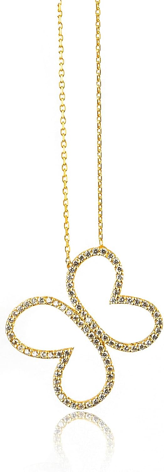 925 Sterling Silver Gold Plated Sparkling Butterfly Cubic Zirconia Pendant Necklace 16 inches + 1 in extender.