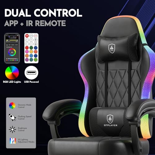 GTPLAYER Chaise de jeu, chaise de bureau, chaise de jeu avec barre lumineuse LED, chaise gamer, dossier avec sac de rangement, chaise ergonomique en polycarbonate avec télécommande – Image 6