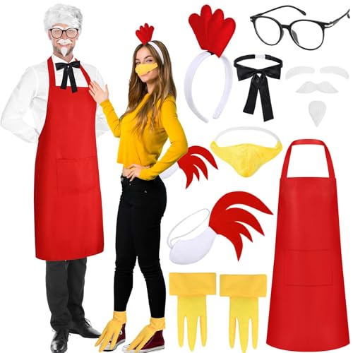 JcHrmers Halloween Fast Food Couple Costume Include Apron Glasses Beard Mustache Bowtie and Chick Costume Set for Adults Party Dress Up