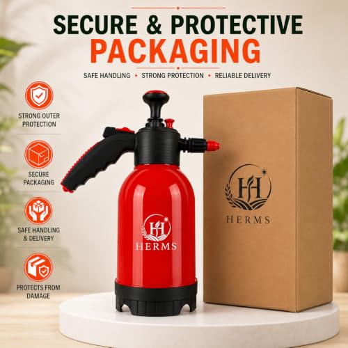 Image of Herms Aquamist 2L Hand Pressure Spray Pump | 3 Spray Modes | Adjustable Brass Nozzle | Garden Sprayer for Watering Plants, Pesticide, Fertilizer, Home Garden, Nursery & Car Washing (Red)