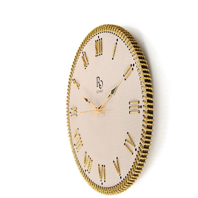 Image of Wooden Round Shape Roman Dial Wall Clock with Gold Zari Rope Detailing and Golden Hands | Silent Quartz Movement Anti Reflection Analog Vintage Clock for Office & Home (Ivory, 15.5 Inch)
