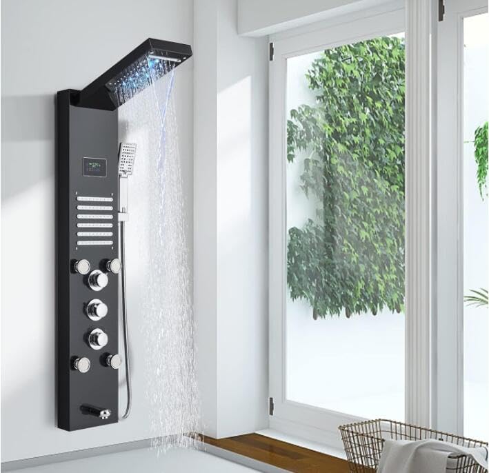 Sistema de torre de panel de ducha cabezal de ducha de cascada de lluvia con estante accesorios de ducha de acero inoxidable de 5 funciones sistema