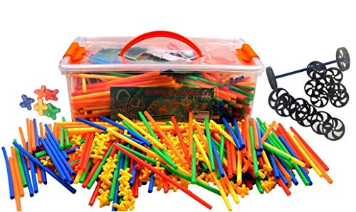 Playlearn Large 800 Piece Straws Builders Construction Building Toy with Wheels - Giant Pack with Special Colored Connectors