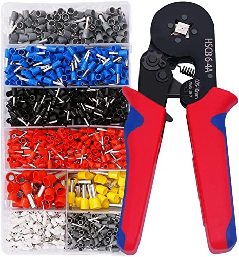 Image of Ferrule Crimping Tool Kit, AWG23-7 Self-adjustable Ratchet Wire Crimping Tool Kit Crimper Plier Set with 1200PCS Wire Terminals Crimping Connectors Wire End Ferrules(Red blue)