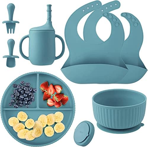 Soft Silicone Baby Feeding Set, Baby Led Weaning Supplies with Adjustable Bib, Suction Bowl, Suction Divided Plate, Straw Cup, First Stage Spoon & Fork, Toddler Infant Self Eating Utensil Set