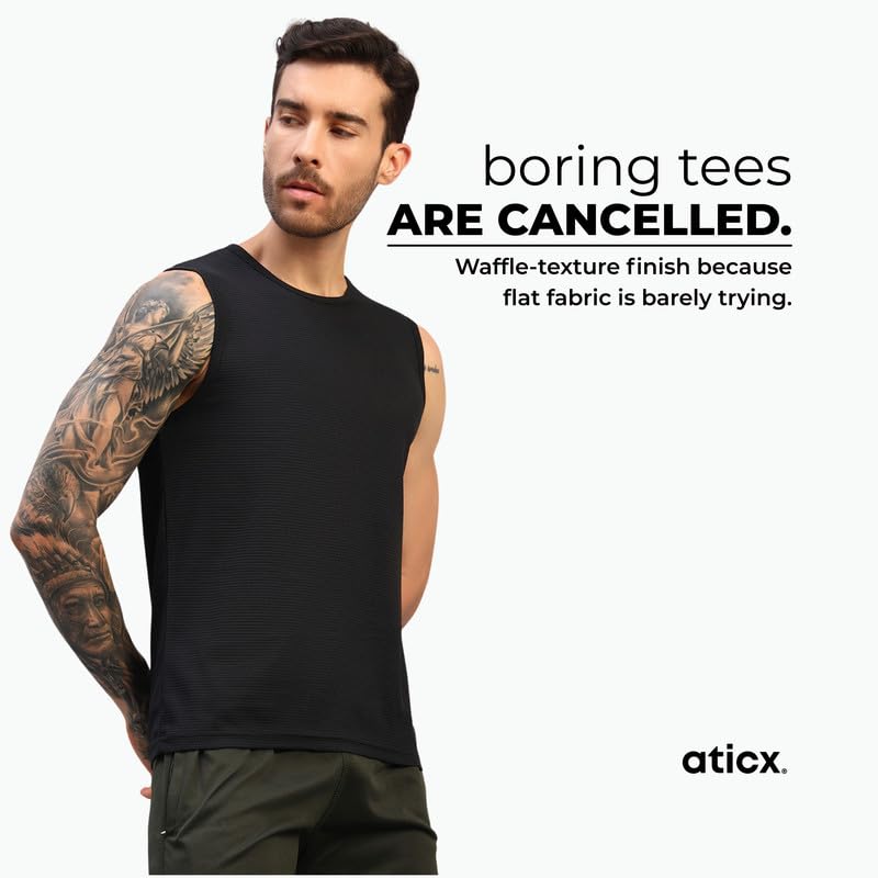 Image of ATICX Men's Slim Fit Sleeveless Sports T-Shirt - Gym Vest, Quick Dry Breathable Training Tank Top for Workout, Running, Cycling, Badminton, Basketball & Swimming Training Wear