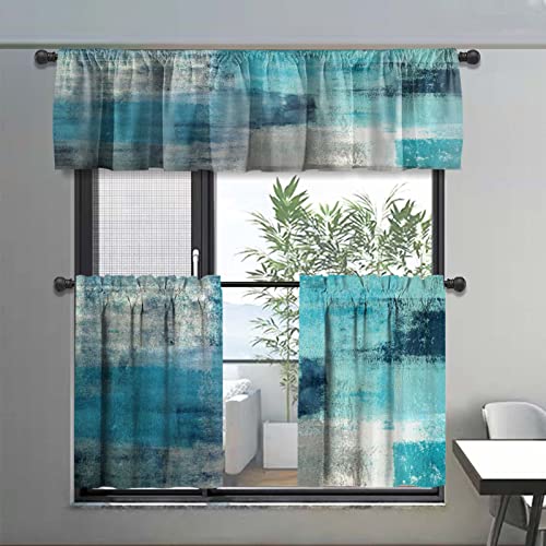 Kinuuis Turquoise Kitchen Curtains And Valances Set, Teal Kitchen Window Curtain Set,Abstract Art Oil Painting Half Window Tier Curtains For Kitchen Café, Laundry, Bedroom(36" Tiers Set，3 Panels) #TOP3