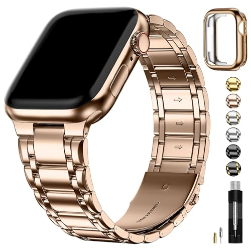 Image of Fullmosa Metal Bands with Case [Watch NOT Included] Compatible with Apple Watch Strap 46mm (Series 10 /11), Steel Apple Watch Band for iWatch Series 10 11,46mm（S11 /10,Rose Gold