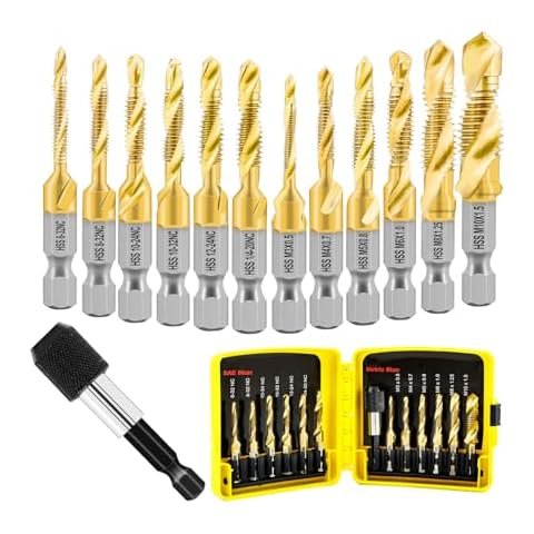 FOCSTOL Combination Drill Tap Bit Set - 13pcs SAE (6-32NC to 1/4-20NC) and Metric (M3 to M10) with Quick Change Hex Shank for Drilling Tapping and countersinking Iron Aluminium Copper Metal Cover