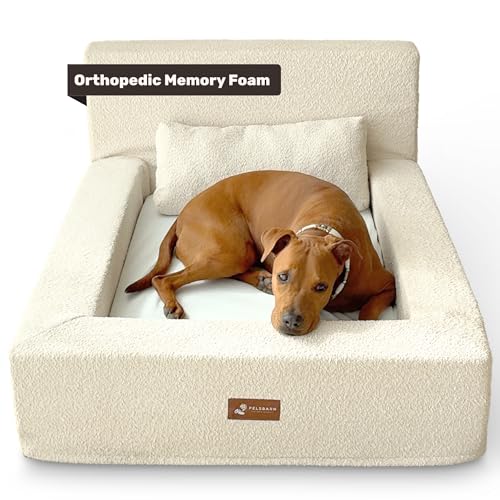 Pelsbarn Real Orthopedic Dog Bed, High-Density Memory Foam with Waterproof Fitted Sheets - Machine Washable, Large, Beige
