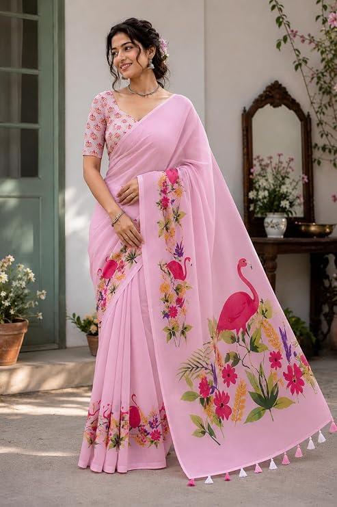 Image of Lilan Cotton Saree with White Daisy Floral Prints Tassel Pallu Lightweight Summer Saree