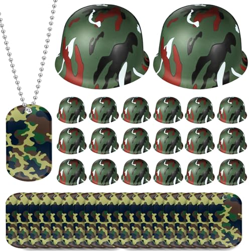 PullCrease 30 Pcs Army Party Favor Helmets Kids Dog Tag Military Hat