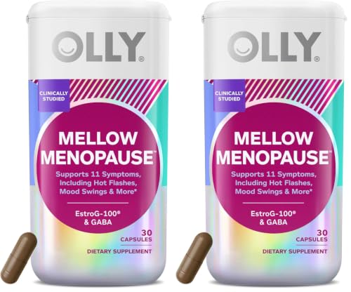 Image of OLLY Mellow Menopause Supplements for Women, Supports Hot Flashes, Vaginal Dryness & Occasional Mood Swings,* Estro-G100, GABA, Vegan Capsules, 1 Month Supply - 30 Count (Pack of 2)