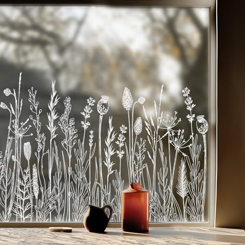 ChicSkin Pure White Window Border Film Floral, Removable See Through Static Cling for Glass Window Decor, Living Room, Wild Flowers and Herb Stickers 59.06