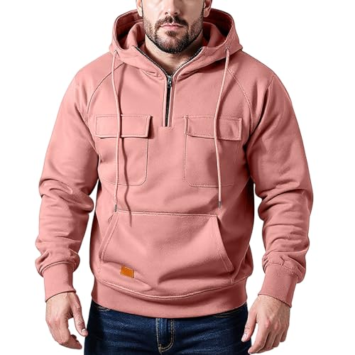 Hoodies For Men Tactical Cargo Quarter Zip Pullover Warm Hoodie Drawstring Hooded Sweatshirt Fall Winter Sweater