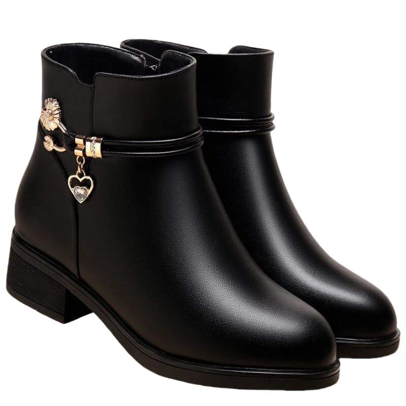 Womens Warm Fur Lined Winter Snow Boots Ankle Boots Outdoor Booties Rhinestone and Metal Decorated Side Zipper Comfortable