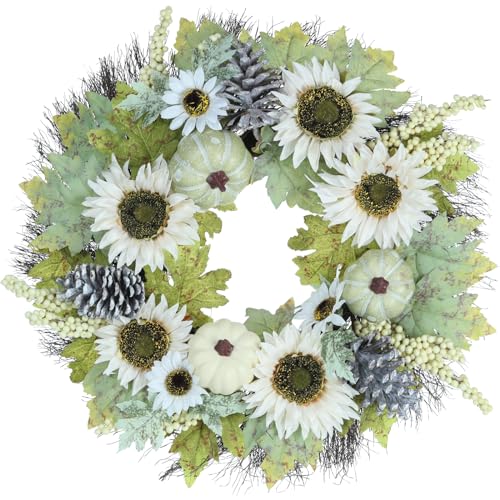 Huadanbor Summer Wreaths for Front Door, 24 inch Summer Wreath, Sunflowers and Pumpkin Fall Wreath for Front Door, Fall Wreaths for Indoors,Outdoors,Corridors, Offices. (Green)