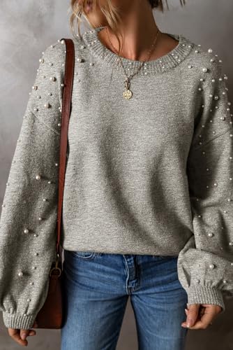 Pearl Sweater for Women Lantern Sleeve Drop Shoulder Crewneck Sweatshirt Knit Chunky Pullover Sweaters with Pearls3