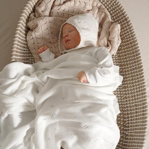 Image of mimixiong Cotton Baby Blanket Knitted Crochet Receiving Crib | Nursery Swaddling Blankets for Newborn Baby Boy Girl Off White 30x40 Inch
