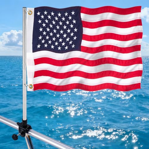 Boat Flag Kit with Flag Holder 16x24 Inch US Flag with Adjustable Pole Stainless Steel Clamp 50 Embroidered Stars American Flag Boat Accessories (16x24)