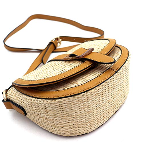 Trendeology Womens Classy Straw Rattan Vegan Leather Flap Saddle Satchel Flap Crossbody Purse Bag (Small Saddle Flap Crossbody - Beige) #TOP6