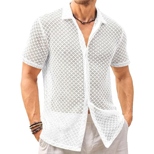 Chemise d'été tricot creux en dentelle pour homme haut de gamme avec maille ajourée