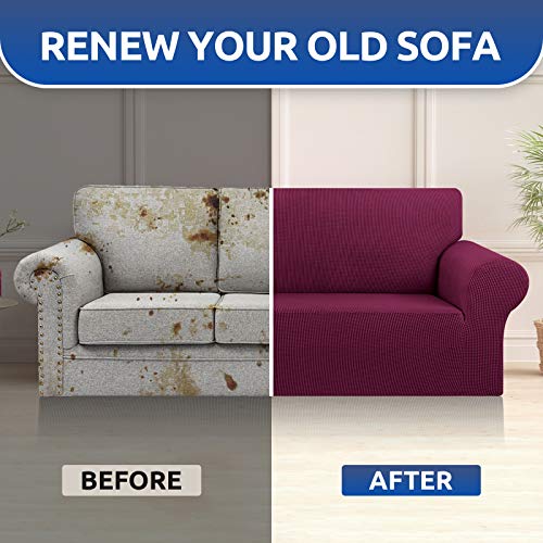KEKUOU Stretch Oversized Sofa Slipcover 1 Piece Couch Sofa Cover (94"-110") Furniture Protector 4 Seater Sofa with Elastic Bottom for Kids,Pet.Jacquard Checked Pattern Fabric(X Large,Wine)
