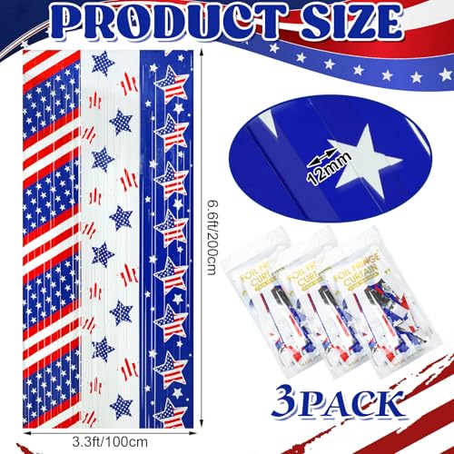 Image of Veterans Day Decorations 3 Pack 3.3 x 6.6 ft Red White Blue Foil Fringe Curtains Veterans Day Backdrop Patriotic Photo Backdrop Streamer for Independence Days Memorial USA Labor Party