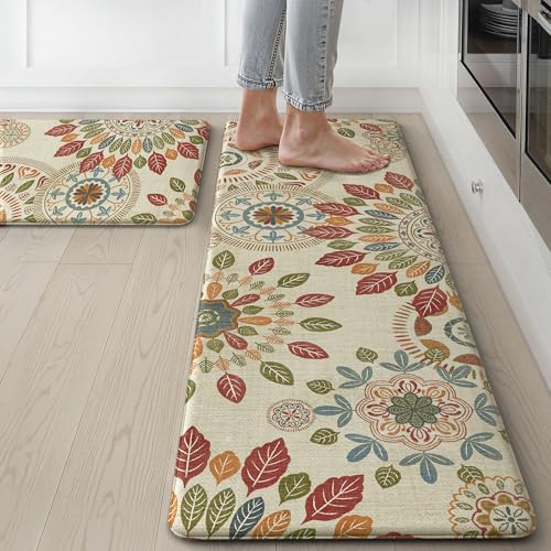 GENIMO Kitchen Mats for Floor 2PCS, Cushioned Kitchen Rugs Non Slip Washable, Farmhouse Anti Fatigue Mat Waterproof, Comfort Standing Mat Rug for Office, Home, Laundry, 17.3"x47"+17.3"x30", Beige&Red
