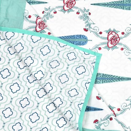 Image of BLOCKS OF INDIA Hand Block Printed Cotton Single Size Reversible Malmal Dohar for Summer (Turq Patti)