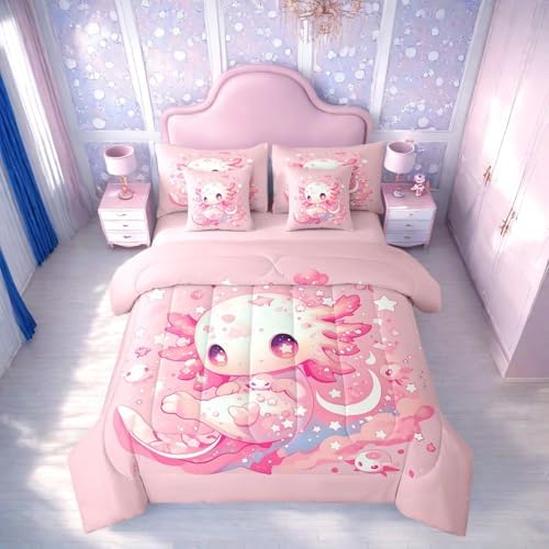Cute Axolotl Comforter Set Twin Cartoon Pink Axolotl Pattern Kids Bedding, Kawaii Salamander Galaxy Stars Bed Set for Girls Boys Adults Beach Coastal Animal Themed Bed in A Bag 7 Pieces