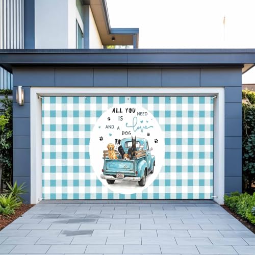 6.9x8ft Garage Door Banner Watercolor Farm Truck Dogs Garage Door Cover, Blue Checker All You Need Quote Waterproof Weatherproof Background Wall Decor for Party Indoor Outdoor House