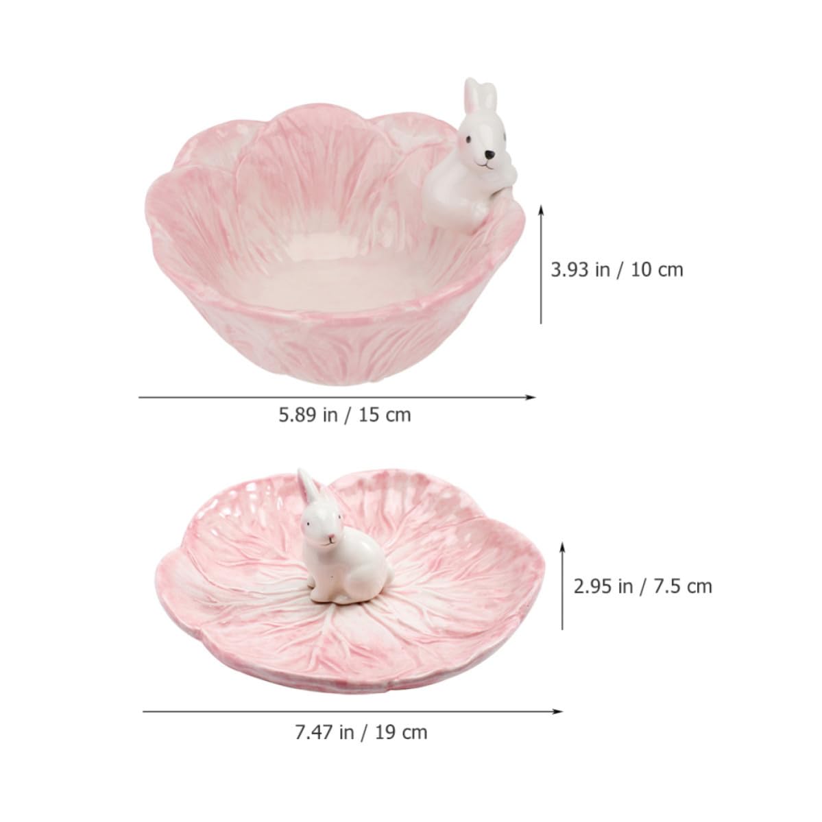 Juego de 2 Tazones de Cerámica Rosa con Estatua de Conejo y Forma de Repollo, Cuencos Elegantes para Desayuno y Reuniones Casuales Diarias
