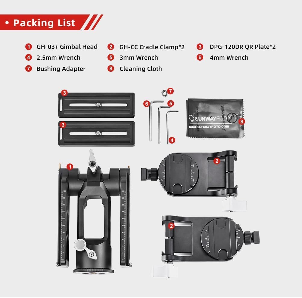 Packing list for the SUNWAYFOTO GH-03 Dual-Clamp Gimbal Head.