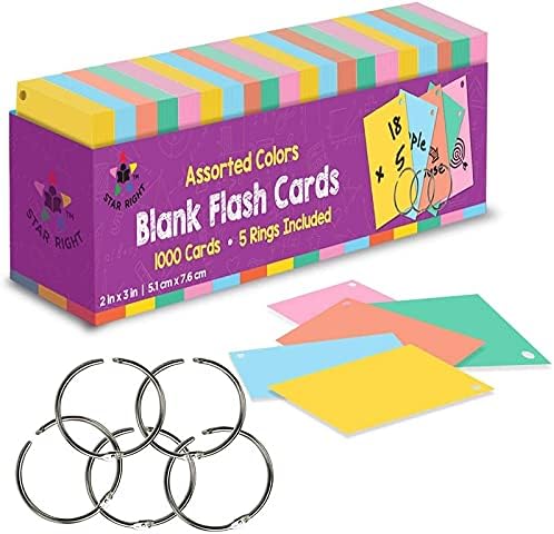 Star Right Blank Flash Cards: 2"x3" Assorted Coloured Index Cards with Metal Binder Rings, Essential Revision Supplies, Study Cards, Creating Custom Flashcards, and More - Set of 1000