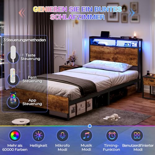 DICTAC Bett 90x200cm mit LED Beleuchtung, Metallbett mit Steckdose und USB-Ladefunktion, Bettgestell 90x200 Einzelbett mit Holzkopfteil Stauraum, Bettrahmen mit Lattenrost und Stauraum unter dem Bett