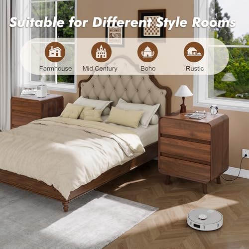 Image of Tall Nightstand with Charging Station, Mid Century Modern Nightstands with 3 Storage Drawers, Curved Wood Night Stands for Bedrooms, Walnut