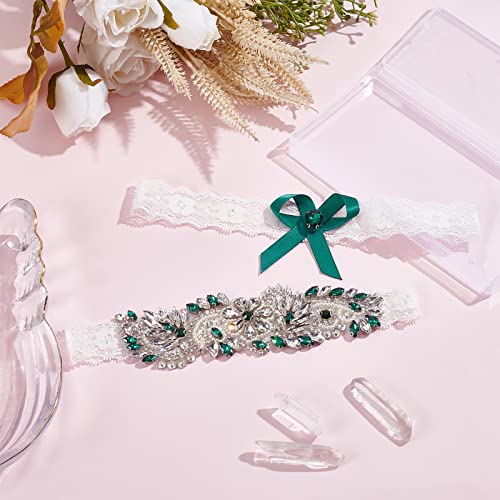 WEBEEDY 2 Pcs Lace Bridal Garter Rhinestone Wedding Bridal Garter Set Rhinestone Green Sexy Leg Garters for Wedding Stretch Bridals Garters Sets with Rhinestones4