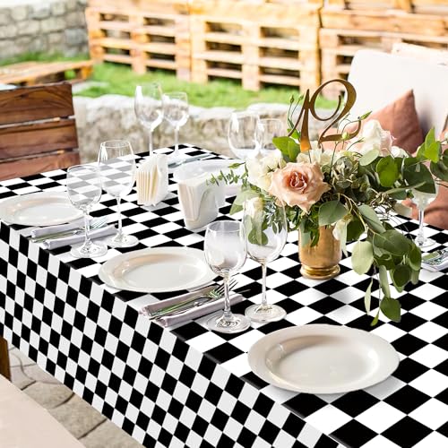 Image of Oigco 3 Pack Black and White Checkered Tablecloths Race Car Theme Tablecloths for Motor Racing Birthday Party Decorations, 54 inch x 108